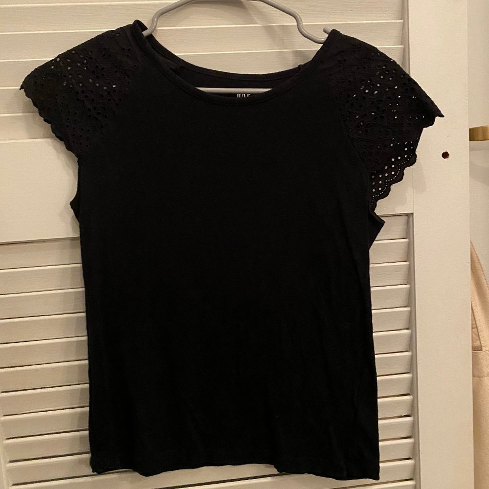 Gap Black Tee with Lace Shoulders